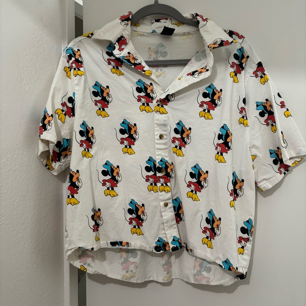 Disney White Button Down Shirt with Mickey Mouse Print